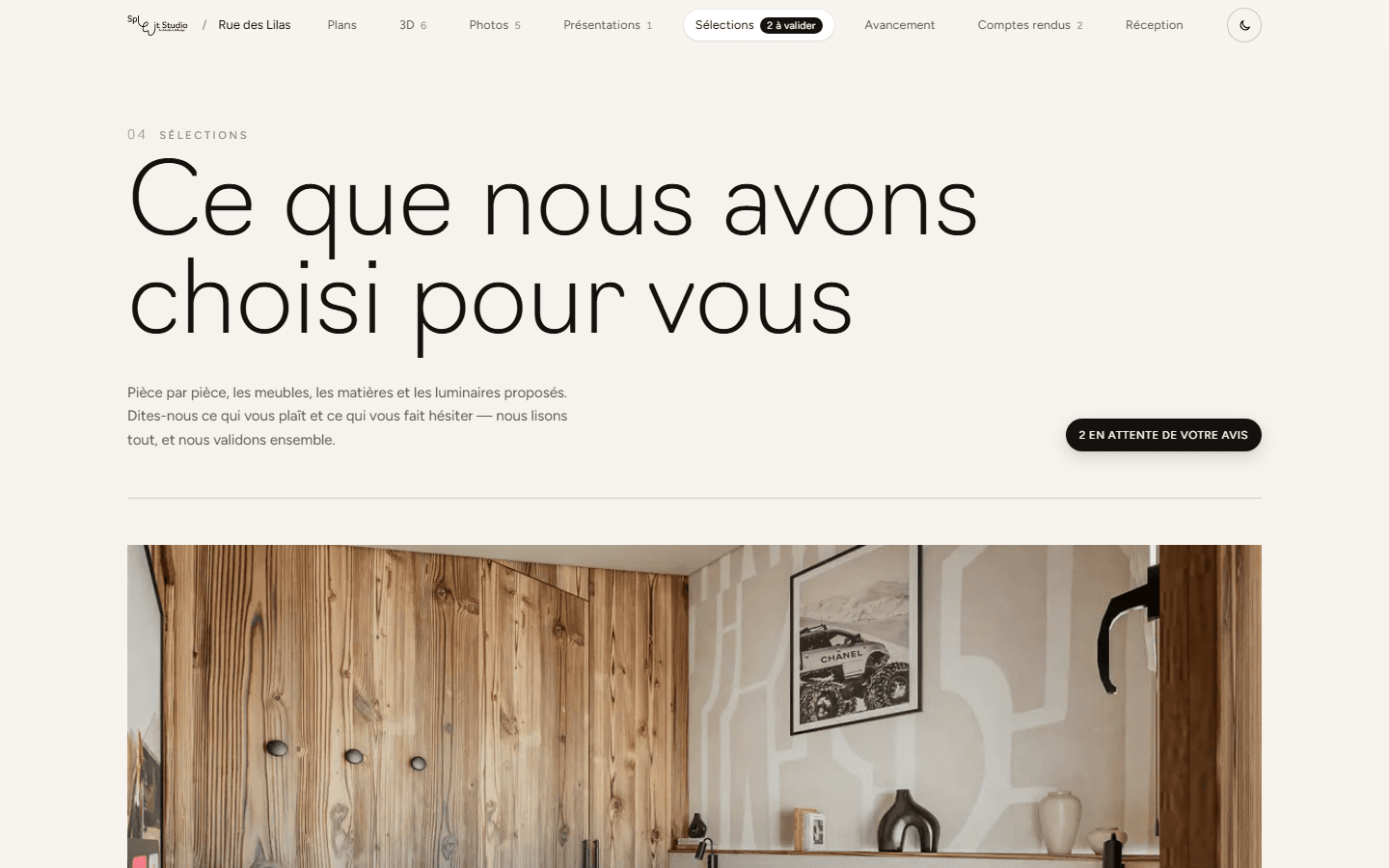 L'espace client d'un chantier : rendus, sélections à valider et points d'avancement.